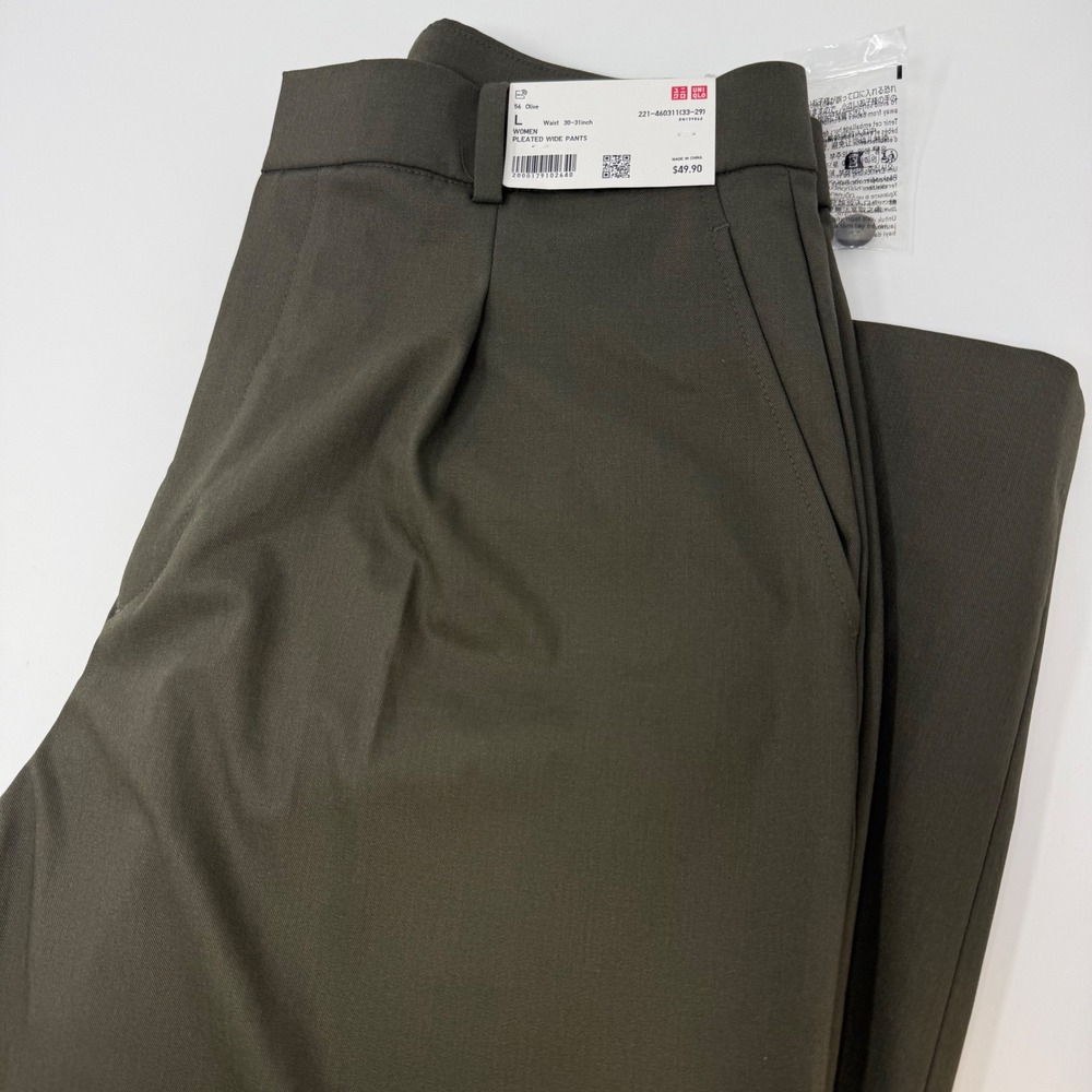 Uniqlo Pleated Wide Pants Olive Green High Waist Trousers Large 460311 NEW